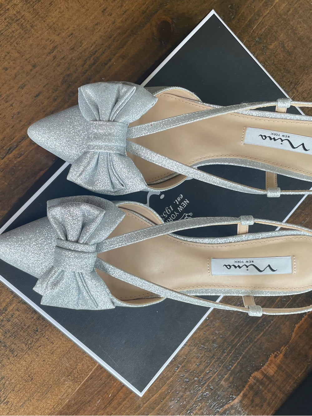 ANNA New York Glitter Bow Pointed Slingback Pumps in Silver